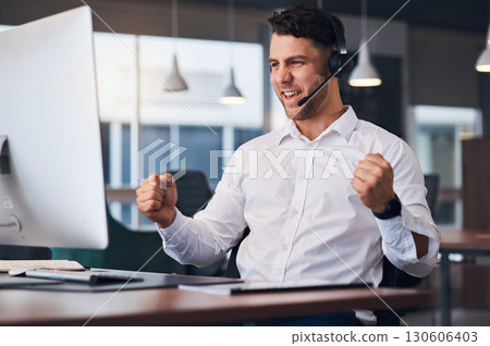 Man, call center and celebration for winning, sale or promotion in customer support or service at office desk. Happy male consultant celebrating in success for telemarketing, deal or discount on PC Man, call center and celebration for winning, sale or promotion in customer support or service at office desk. Happy male consultant celebrating in success for telemarketing, deal or discount on PC 130606403
