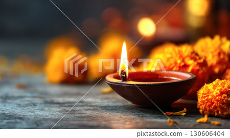 Traditional oil lamp glowing brightly surrounded by vibrant marigold flowers, creating a warm and festive atmosphere for Diwali celebrations 130606404