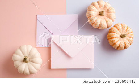 Two pastel envelopes are placed beside decorative pumpkins on a soft colored background, creating a cozy autumn-themed flat lay composition 130606412