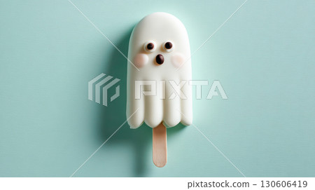 Cute ghost-shaped ice cream popsicle on a pastel background, perfect for Halloween celebrations and festive treats for all ages 130606419