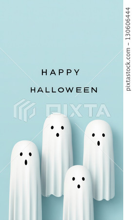 Cute ghost figures with surprised expressions against a soft blue background, conveying a playful Halloween spirit and festive atmosphere 130606444