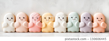 Colorful ghost-shaped cookies arranged in a row on a light background, perfect for Halloween celebrations and festive gatherings 130606445