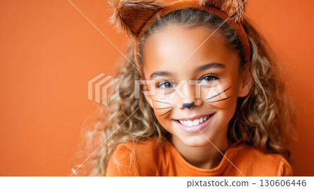 Young girl with curly hair wearing fox costume and face paint, smiling joyfully against a vibrant orange background for Halloween celebration Young girl with curly hair wearing fox costume and face paint, smiling joyfully against a vibrant orange background for Halloween celebration 130606446