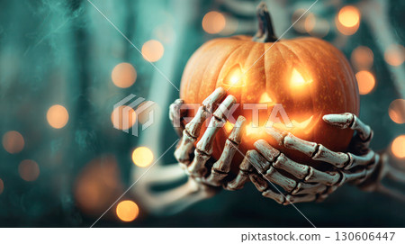 Skeleton hands holding a glowing jack-o'-lantern with a spooky expression, surrounded by soft bokeh lights, creating a festive Halloween atmosphere 130606447
