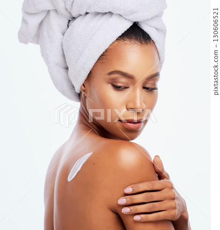 Beauty, woman and body cream for skincare in studio for dermatology, cosmetics and natural skin. Aesthetic model person with luxury spa product for a healthy glow isolated on a white background 130606521