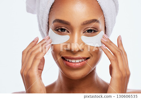 Black woman, beauty and eye patch portrait in studio for dermatology, cosmetics and natural skincare. Face of aesthetic model with collagen spa facial and healthy glow isolated on a white background 130606535