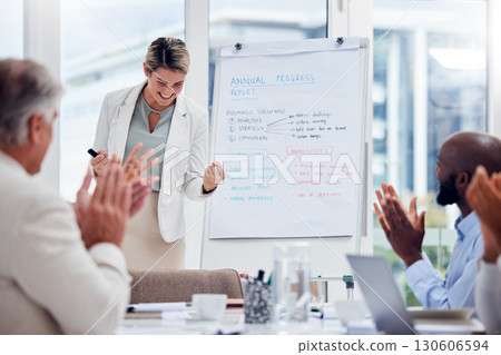 Winner, success and applause with a business woman cheering during a presentation to her team in the boardroom. Meeting, motivation or wow with a female employee and colleague group in an office 130606594
