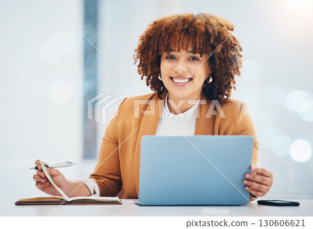 Notebook, laptop and portrait of black woman in office for research, schedule and networking. Internet, technology and corporate with employee working at desk for online, confidence and information Notebook, laptop and portrait of black woman in office for research, schedule and networking. Internet, technology and corporate with employee working at desk for online, confidence and information 130606621