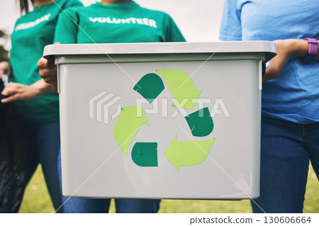 Recycle bin, earth day volunteer and community park cleaning outdoor for eco friendly and sustainability. Working, recycling and trash collection of young people doing green ecology and charity work 130606664