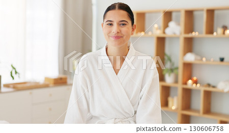 Portrait, woman and smile in robe at spa for luxury massage, skincare treatment or pamper therapy. Happy customer in gown at cosmetics salon for beauty, wellness break or relax in hospitality service 130606758