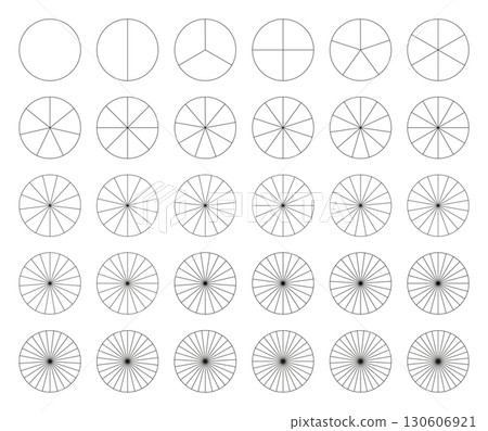 Charts collection. Pie charts. Sectors divide the circle on equal parts. Set of pizza charts. Segments infographic. Diagram wheel parts. Presentation template element from 1 to 30 segments. Vector. Charts collection. Pie charts. Sectors divide the circle on equal parts. Set of pizza charts. Segments infographic. Diagram wheel parts. Presentation template element from 1 to 30 segments. Vector. 130606921
