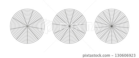 Wheel of life templates. Circle diagrams of life style balance. Coaching tool for visualizing all areas of life. Polar grid with segments, concentric circles. Blank of polar graph paper. Vector icons. 130606923