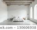 Minimalist White Bedroom Interior with Raw Concrete Ceiling and Arched Windows, Modern Furniture, Soft Lighting 130606938