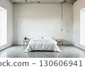 Minimalist Bedroom Interior with White Bedding, Concrete Ceiling, Natural Wood Nightstands, And Pendant Light, Modern Style 130606941