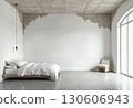 Minimalist Bedroom Interior with Undulating White Wall Design, Concrete Ceiling, Natural Light, and Modern Bed Setup in a Neutral Color Palette. 130606943