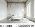 Minimalist Bedroom Interior with Dripping White Paint Texture, Bed, Window, Concrete Floor, and Modern Pendant Lights, Bright Clean Style 130606946
