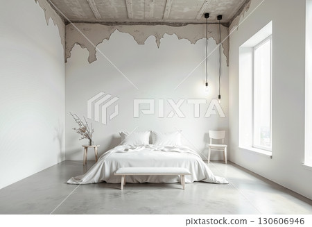 Minimalist Bedroom Interior with Dripping White Paint Texture, Bed, Window, Concrete Floor, and Modern Pendant Lights, Bright Clean Style 130606946