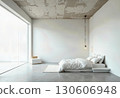 Minimalist Bedroom Interior with Concrete Ceiling, White Bedding, Large Window, and Natural Light, Modern Scandinavian Style Design, Neutral Palette. 130606948