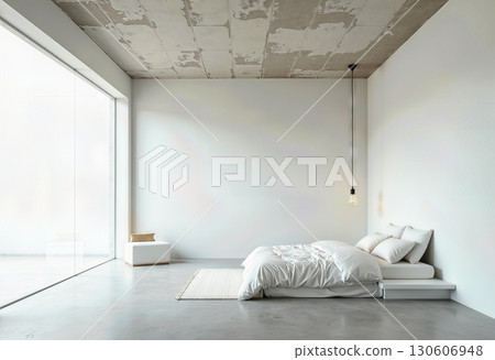 Minimalist Bedroom Interior with Concrete Ceiling, White Bedding, Large Window, and Natural Light, Modern Scandinavian Style Design, Neutral Palette. 130606948