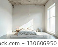 Minimalist Bedroom Interior with Large Window, Concrete Ceiling, White Bedding, Natural Light, and Modern Pendant Lamp. Contemporary Design 130606950