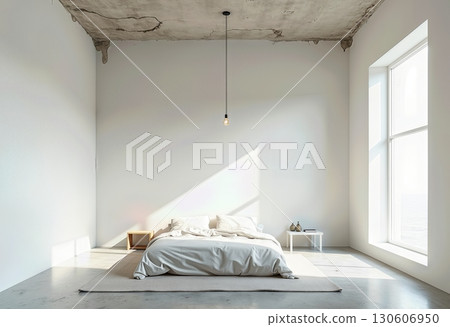Minimalist Bedroom Interior with Large Window, Concrete Ceiling, White Bedding, Natural Light, and Modern Pendant Lamp. Contemporary Design 130606950