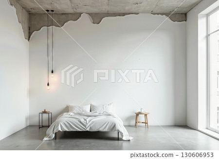 Minimalist White Bedroom Interior with Raw Concrete Ceiling, Suspended Lights, Bed, Side Tables, and Natural Window Light 130606953