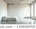 Minimalist White Bedroom Interior with Rough Concrete Ceiling, Arched Windows, Bed, and Pendant Lights: Modern, Serene Design. 130606958