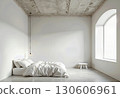 Minimalist Bedroom Interior with White Bedding, Arched Window, Concrete Ceiling, Black Pendant Light, Serene and Modern Home Decor 130606961