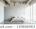 Minimalist Bedroom with Dripping Ceiling Installation, White Bedding, Pendant Light, Concrete Architecture, Modern Interior Design, Abstract Art. 130606963