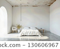 Minimalist White Bedroom Interior with Arch Detail, Pendant Light, Concrete Floor, and Bed Setting, Modern Rustic Style, Neutral Tone 130606967