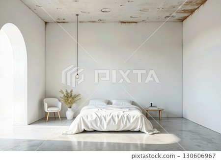 Minimalist White Bedroom Interior with Arch Detail, Pendant Light, Concrete Floor, and Bed Setting, Modern Rustic Style, Neutral Tone 130606967