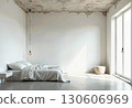 Minimalist Bedroom with Dripping Ceiling Concrete Effect, White Bedding, Natural Light, Modern Interior Design, Raw Texture Aesthetic. 130606969