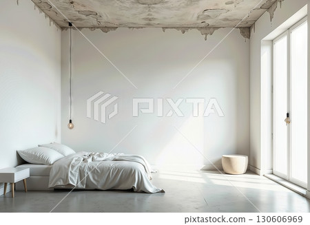Minimalist Bedroom with Dripping Ceiling Concrete Effect, White Bedding, Natural Light, Modern Interior Design, Raw Texture Aesthetic. 130606969