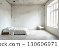Minimalist Bedroom Interior with Concrete Ceiling, White Bedding, Wooden Chair, Large Window, and Daylight, Modern Scandinavian Style Design 130606971