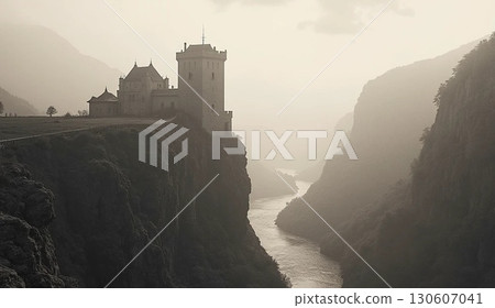 An ancient castle built on a cliff and a valley An ancient castle built on a cliff and a valley 130607041