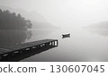 Foggy lake, pier and boat 130607045