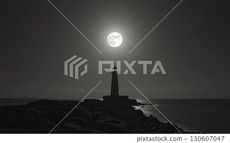 滿月和海邊的燈塔 130607047