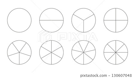 Set of pizza charts. Segmented charts. Pie chart templates. Sectors divide the circles on equal parts. Outline black thin graphics. Segments infographic. Diagram wheel parts. Vector illustration.  130607048