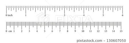 Set of scale with 6 inch, 15 centimeter with markup and numbers. Measuring charts of metric, imperial units. Collection of distance, height, length measurement tool templates. Sewing tool. Vector. 130607050