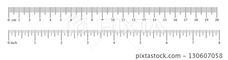 Collection measuring charts with 20 centimeter and 8 inch. Set of templates rulers scale with numbers. Length measurement math, distance, height. Sewing tool. Vector flat illustration. Collection measuring charts with 20 centimeter and 8 inch. Set of templates rulers scale with numbers. Length measurement math, distance, height. Sewing tool. Vector flat illustration. 130607058