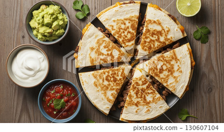 Beef Quesadilla with Dipping Sauces on Wooden Table 130607104