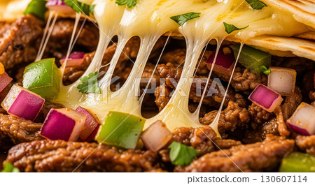 Extreme Close Up of Beef Quesadilla with Cheese and Vegetables 130607114