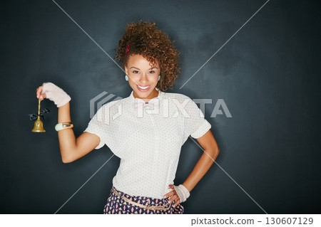 Black woman, happy portrait and ring bell for mockup blackboard space for hospitality. Female model with vintage teacher or waitress chime for advertising sale product placement or mockup service Black woman, happy portrait and ring bell for mockup blackboard space for hospitality. Female model with vintage teacher or waitress chime for advertising sale product placement or mockup service 130607129