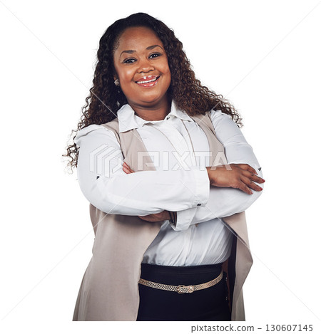 Black woman, portrait and happy small business owner in studio, proud and smile on white background. Face, leader and woman empowered by career, goal and startup success while standing isolated Black woman, portrait and happy small business owner in studio, proud and smile on white background. Face, leader and woman empowered by career, goal and startup success while standing isolated 130607145