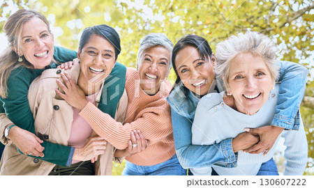 Friends, nature and portrait of group of women enjoying bonding, quality time and relax in retirement together. Diversity, friendship and faces of happy females with smile, hug and embrace in park Friends, nature and portrait of group of women enjoying bonding, quality time and relax in retirement together. Diversity, friendship and faces of happy females with smile, hug and embrace in park 130607222