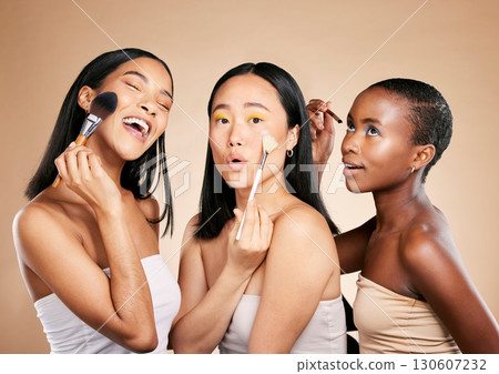 Beauty, makeup tools and women face skincare wellness, cosmetics dermatology and happiness in brown background studio. Diversity, young models laugh and group spa products for natural glowing skin 130607232