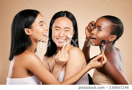 Beauty, makeup and women smile with brush for facial skincare wellness, cosmetics dermatology and happiness support. Young model, happy diversity and luxury spa products tool for natural skin glow Beauty, makeup and women smile with brush for facial skincare wellness, cosmetics dermatology and happiness support. Young model, happy diversity and luxury spa products tool for natural skin glow 130607246