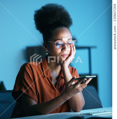 Business, black woman and phone call on speaker, stress and concerned look in modern office. African American female employee, entrepreneur and agent with smartphone, disconnected and mental health 130607269