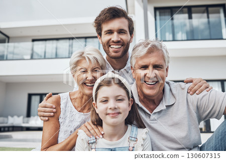 Happy family, smile portrait and new home property, homeowner real estate and love together outdoor. Parents happiness, children and quality time in house backyard for support, care and trust outdoor 130607315