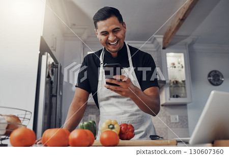 Man, cooking vegetables and phone for comic online recipe in kitchen with house wifi connection. Chef person with mobile app for learning or blog post for home food for vegan or healthy eating Man, cooking vegetables and phone for comic online recipe in kitchen with house wifi connection. Chef person with mobile app for learning or blog post for home food for vegan or healthy eating 130607360